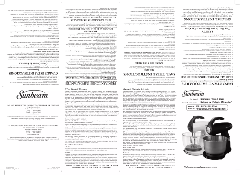 Page 1 de la notice Manuel utilisateur Sunbeam MixMaster 2371