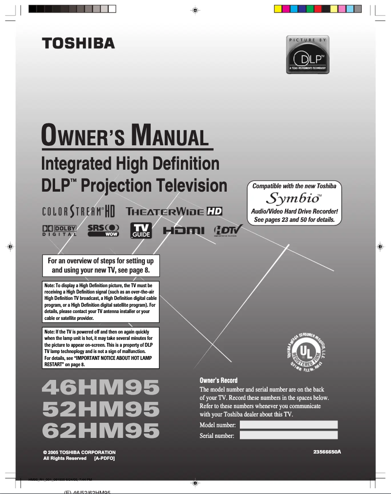 Page 1 de la notice Manuel utilisateur Toshiba 52HM95