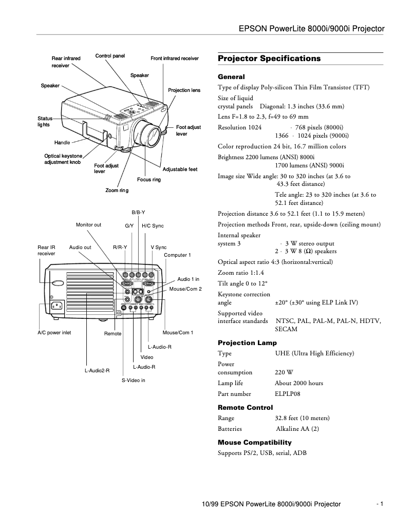 Page 1 de la notice Fiche technique Epson PowerLite 9000i