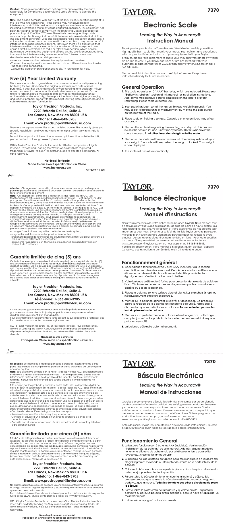 Page 1 de la notice Manuel utilisateur Taylor 7370