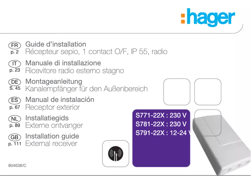 Page 1 of the manual User Manual Hager S781-22X