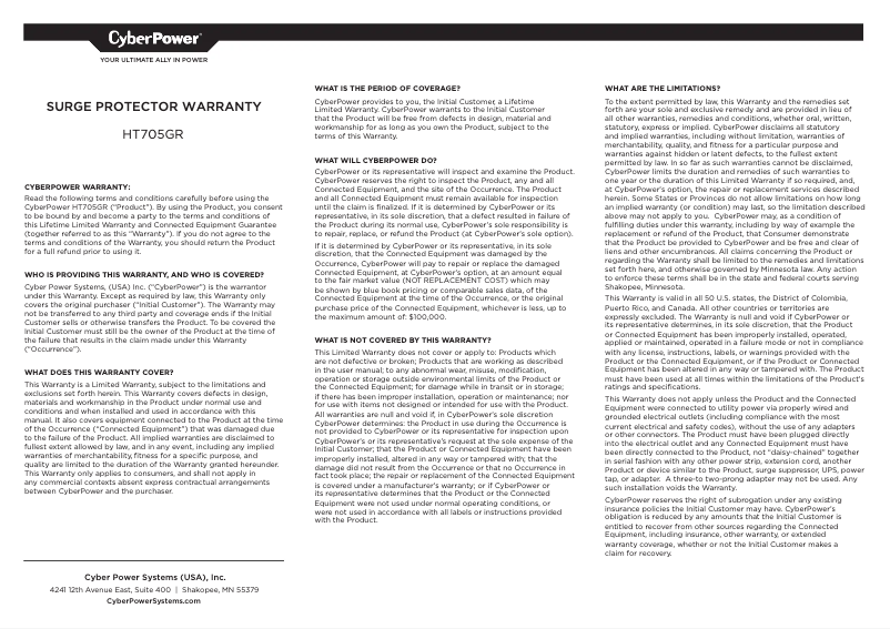 Page 1 de la notice Informations de garantie CyberPower HT705GR