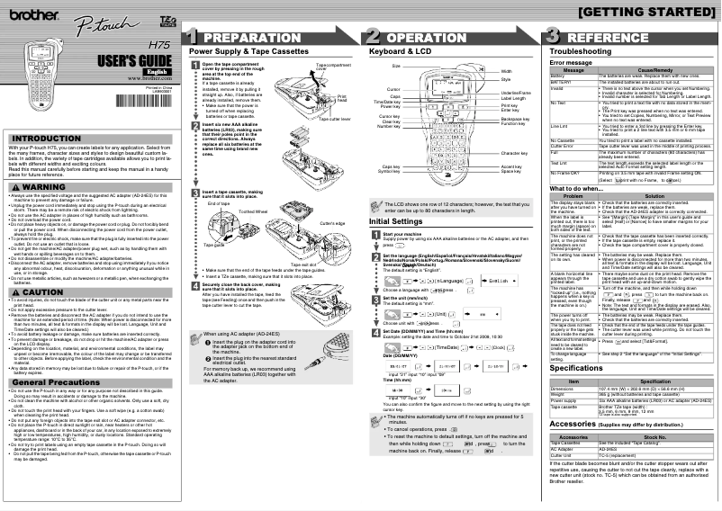 Page 1 de la notice Manuel utilisateur Brother P-Touch H75