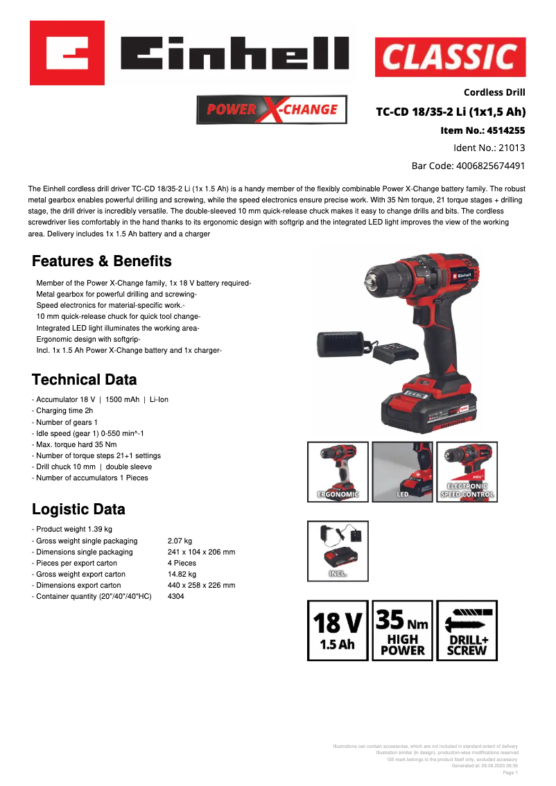 Page n°1 - Fiche technique Einhell TC-CD 18/35-2 Li