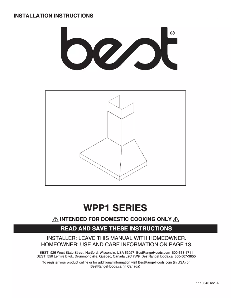 Page 1 de la notice Manuel utilisateur Best WPP14812SS