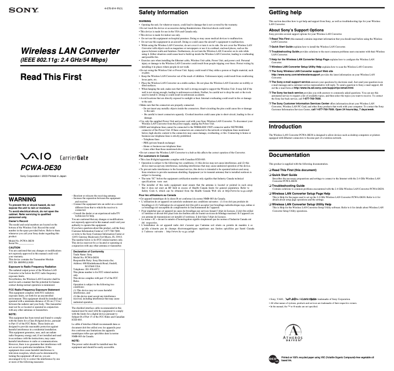 Page n°1 - Guide d'installation Sony PCWA-DE30
