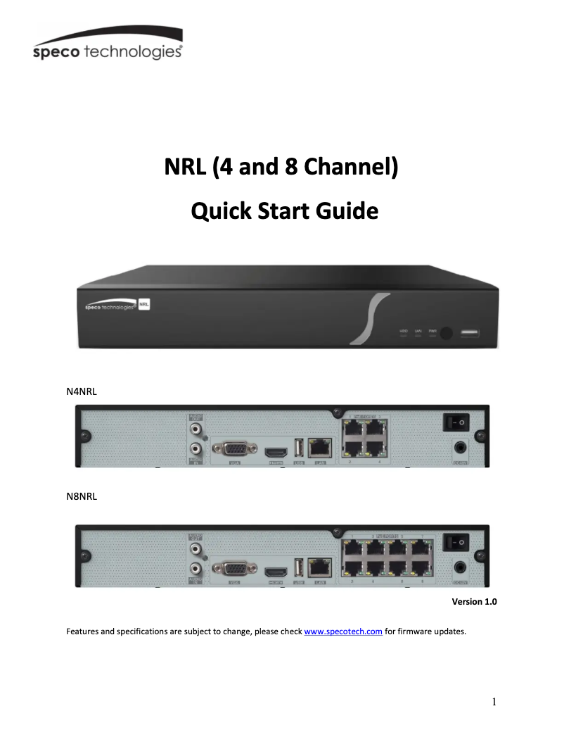 Page n°1 - Guide de démarrage rapide Speco Technologies N8WNRL