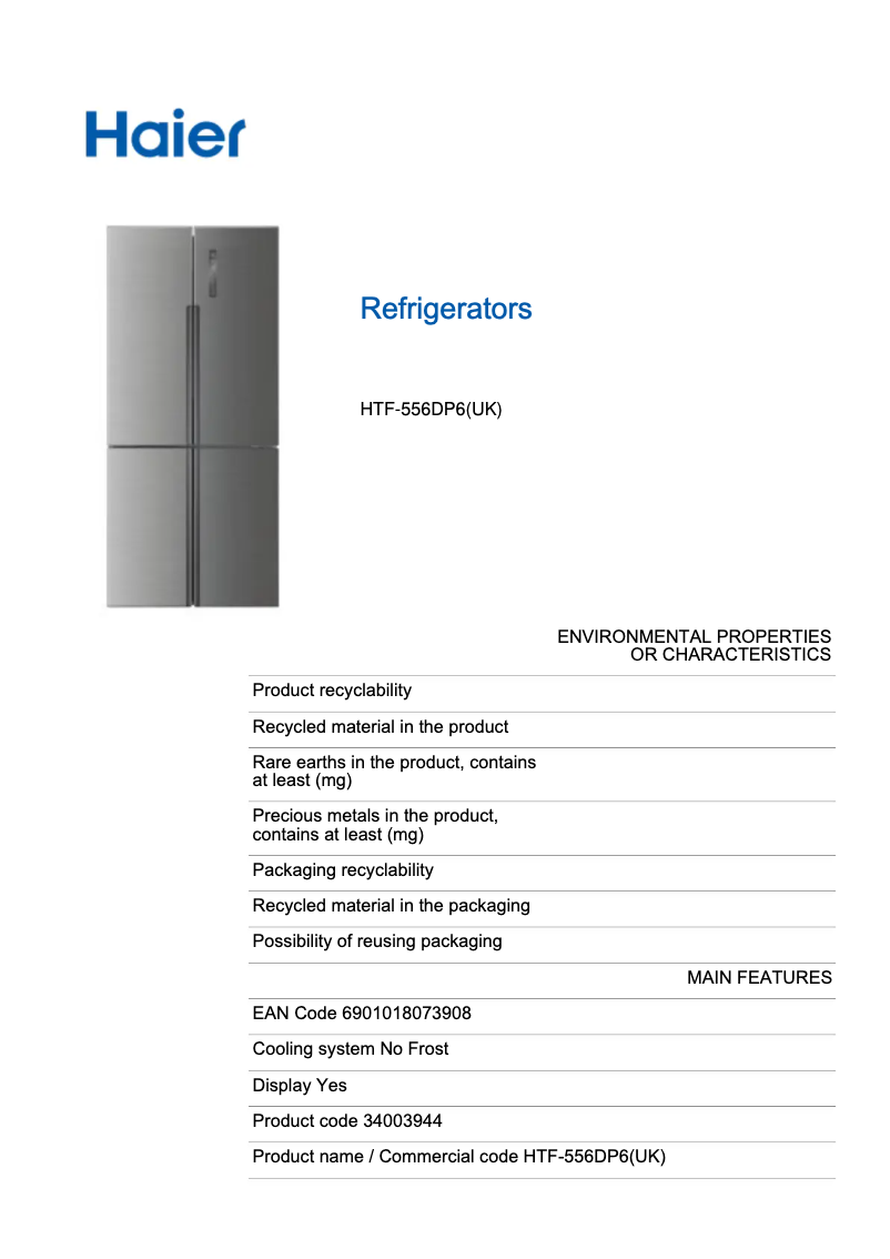 Page n°1 - Label énergétique Haier HTF-556DP6