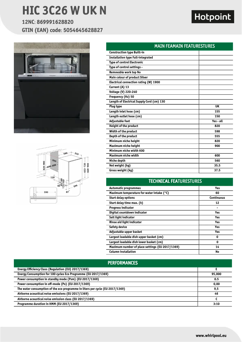 Page 1 de la notice Fiche technique Hotpoint HIC 3C26 W UK N