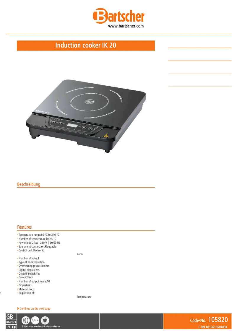 Page 1 de la notice Fiche technique Bartscher IK 20