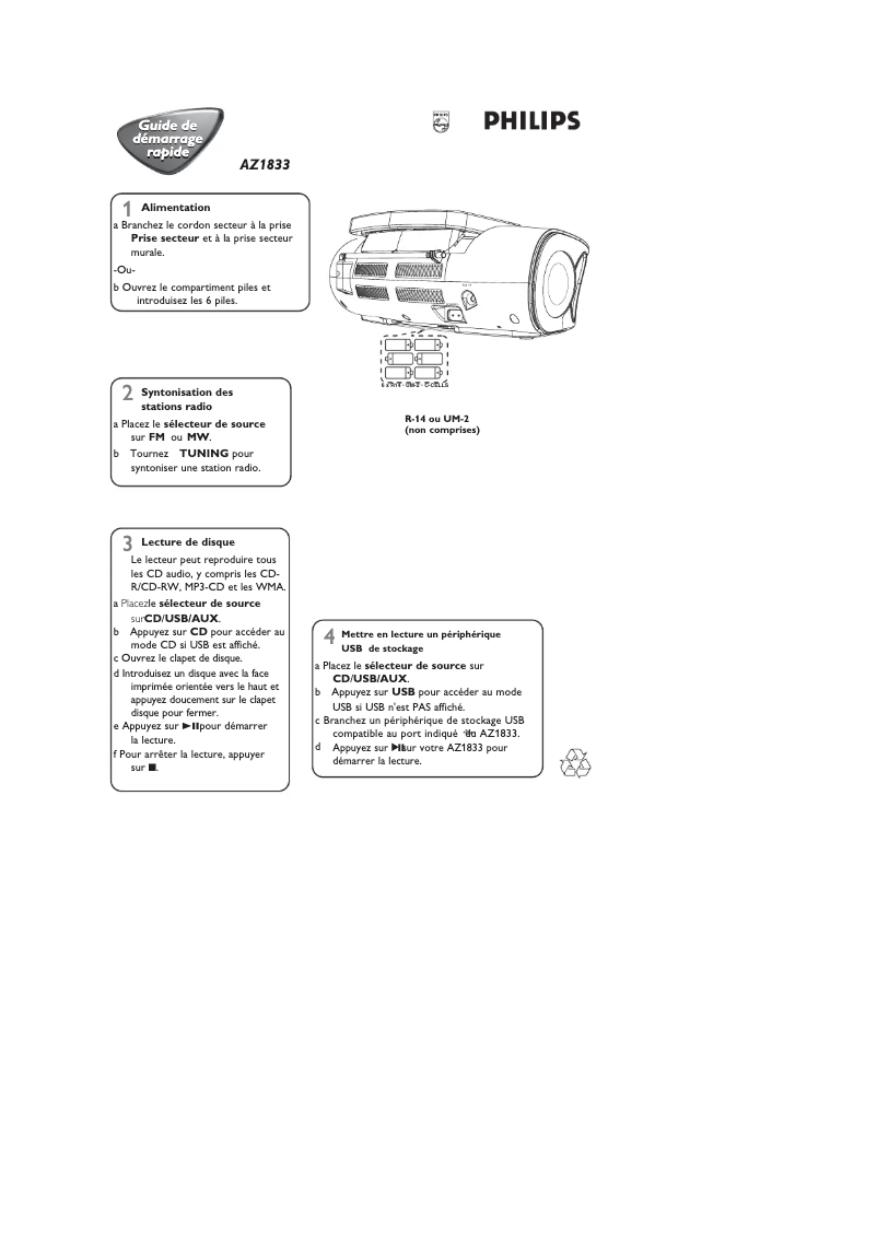 Page 1 de la notice Guide de démarrage rapide Philips AZ1833