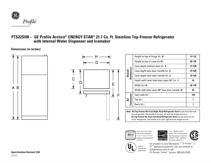 Page 1 de la notice Fiche technique GE Profile PTS22SHRBS