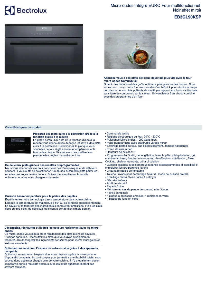 Page 1 de la notice Fiche technique Electrolux EB3GL90KSP