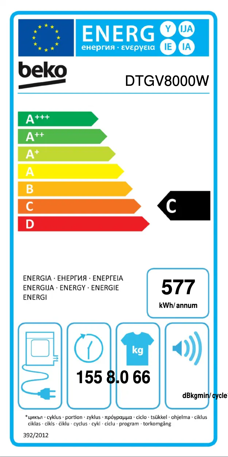 Page n°1 - Label énergétique Beko DTGV8000W