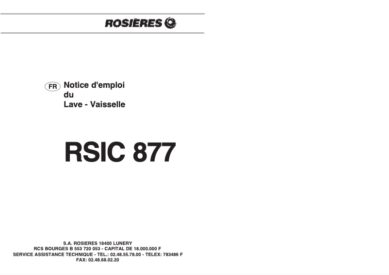 Page 1 de la notice Manuel utilisateur Rosieres RSIC 877