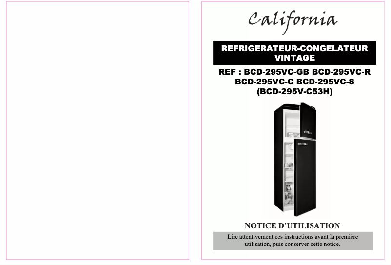 Page 1 de la notice Manuel utilisateur California BCD-295VC-GB