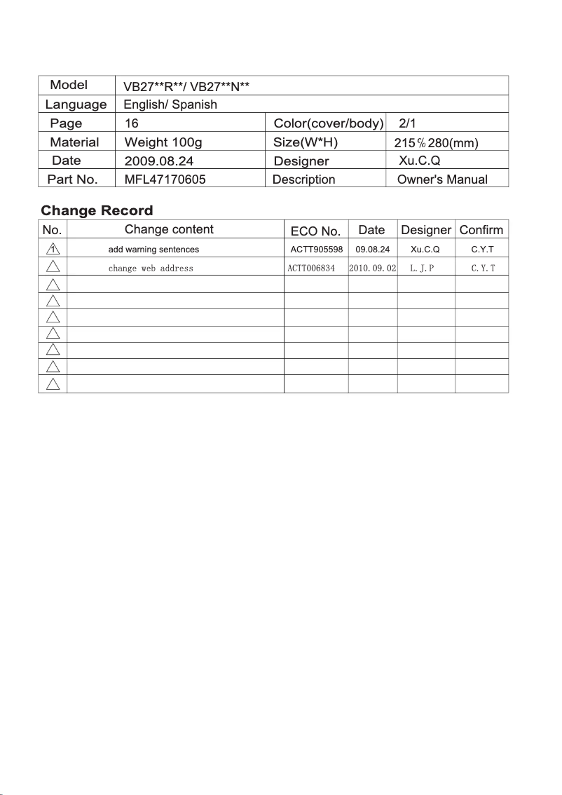 Page n°1 - Manuel utilisateur LG VB2718RT