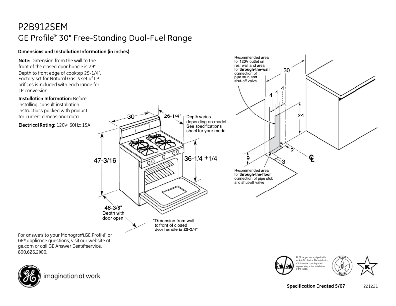 Page n°1 - Fiche technique GE P2B912SEMSS