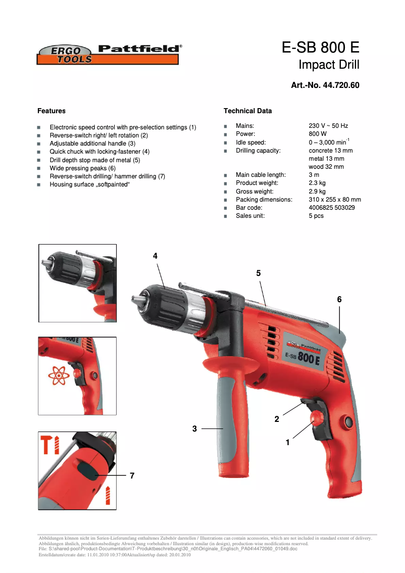Page 1 de la notice Fiche technique Ergotools Pattfield E-SB 800 E
