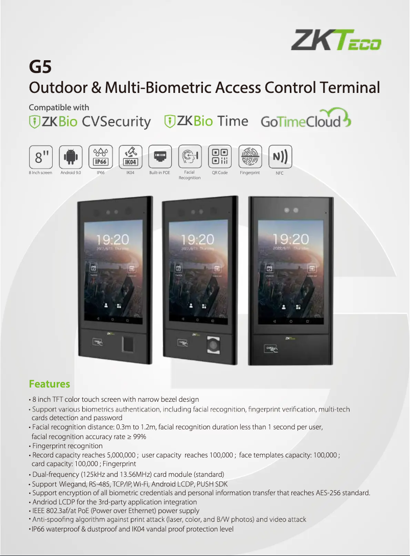 Page 1 de la notice Fiche technique ZKTeco G5