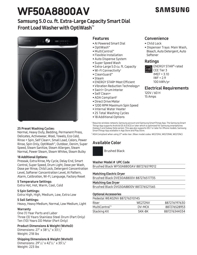 Page n°1 - Fiche technique Samsung WF50A8800AV