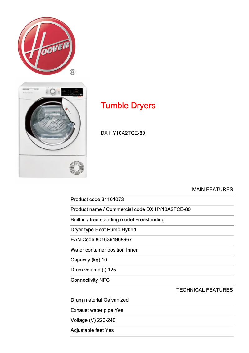 Page n°1 - Fiche technique Hoover DX HY10A2TCE-80