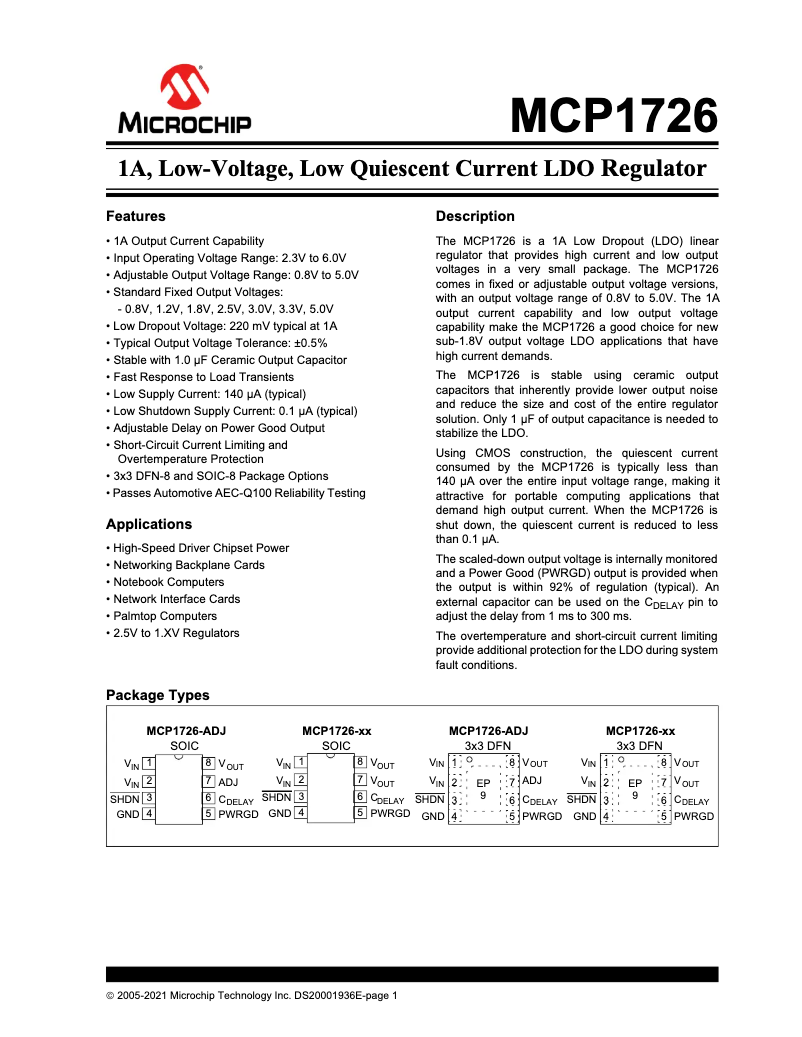 Page 1 de la notice Fiche technique Microchip MCP1726