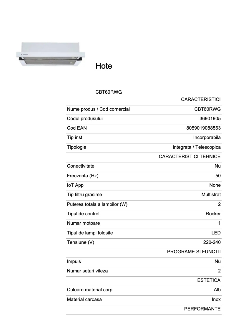 Page n°1 - Fiche technique Candy CBT60RWG-07