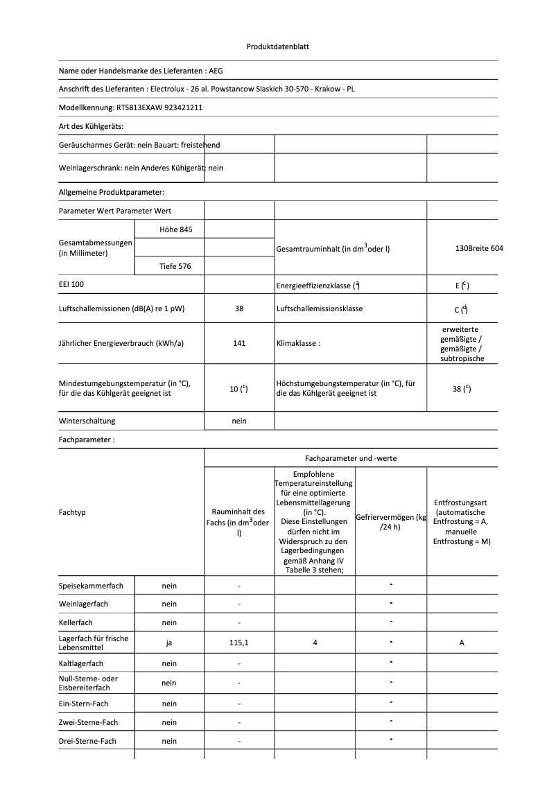 Page 1 de la notice Fiche technique AEG RTS813EXAW