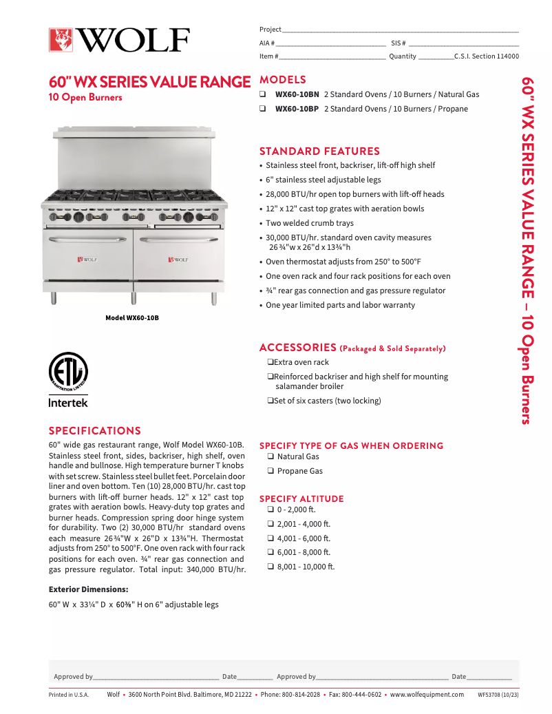 Page 1 de la notice Fiche technique Wolf WX60-10B