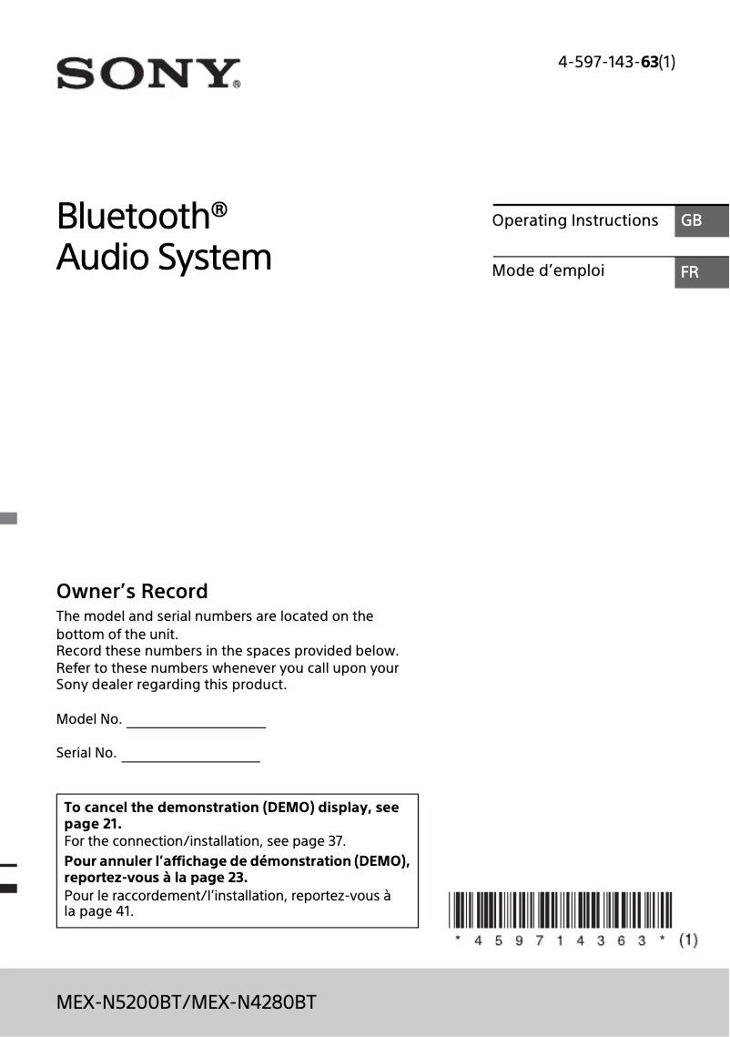 Image de la première page du manuel de l'appareil MEX-N4280BT