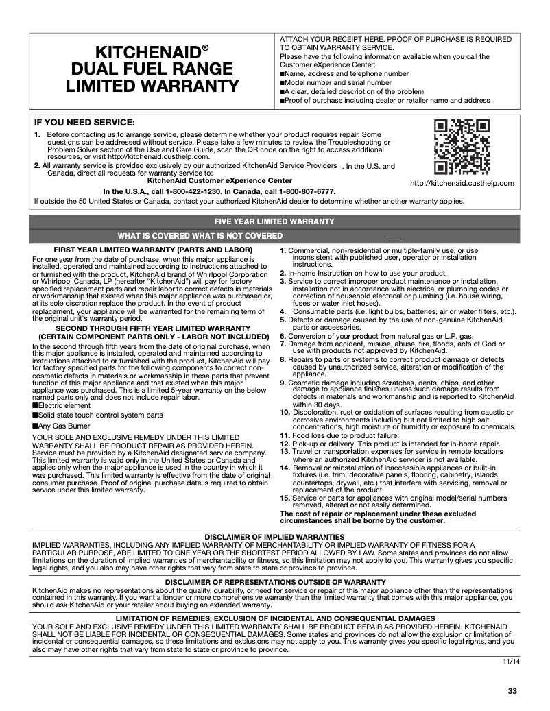 Page n°1 - Informations de garantie KitchenAid KDRS407VSS