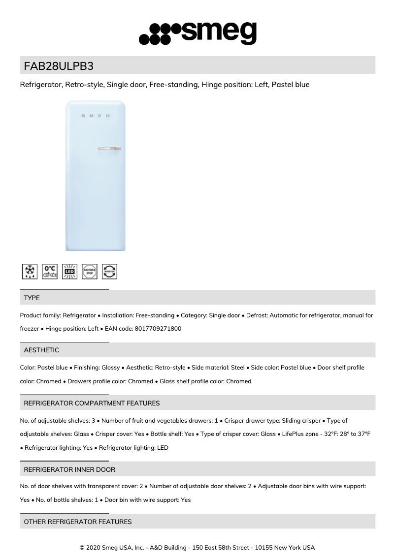 Page n°1 - Fiche technique Smeg FAB28ULPB3