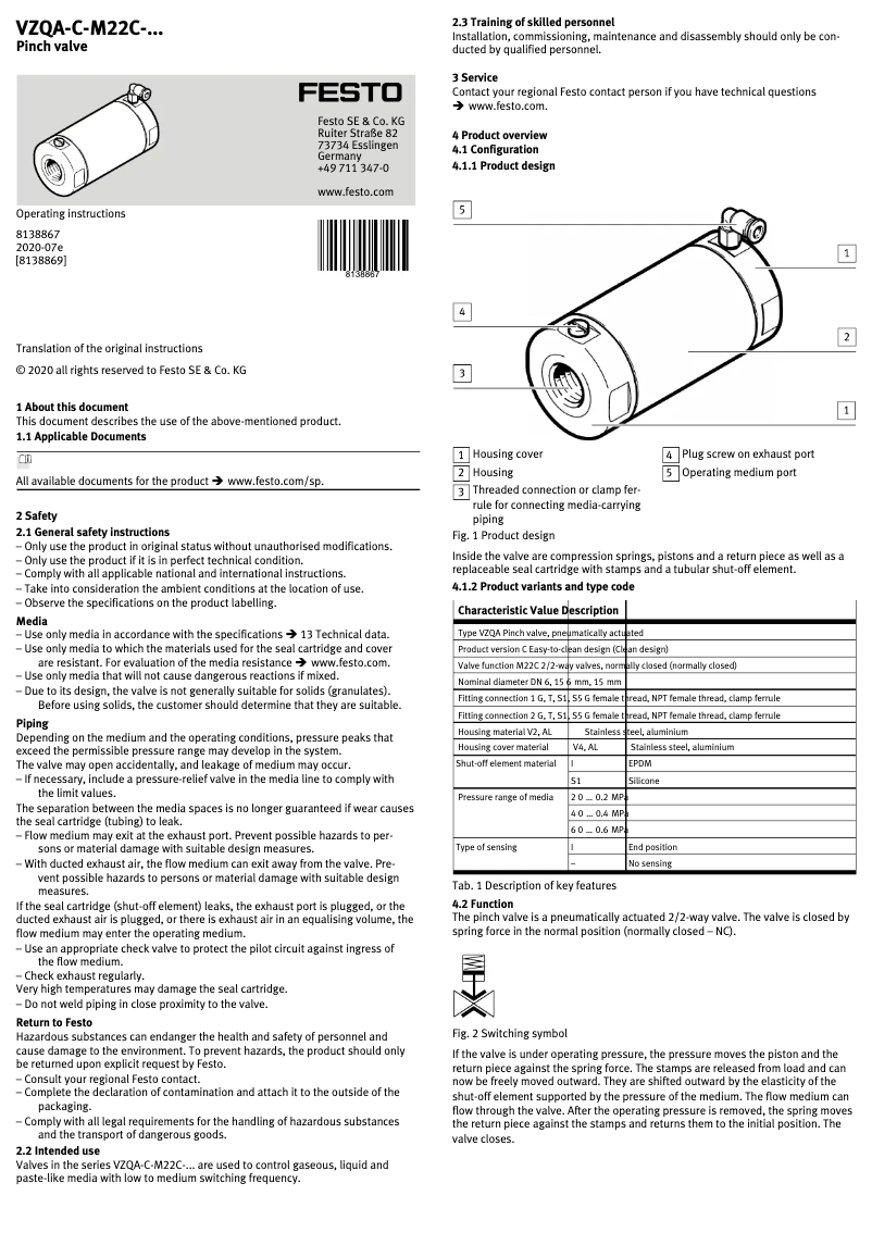 Page 1 de la notice Manuel utilisateur Festo VZQA-C-M22C-15-GG-V2V4E-6