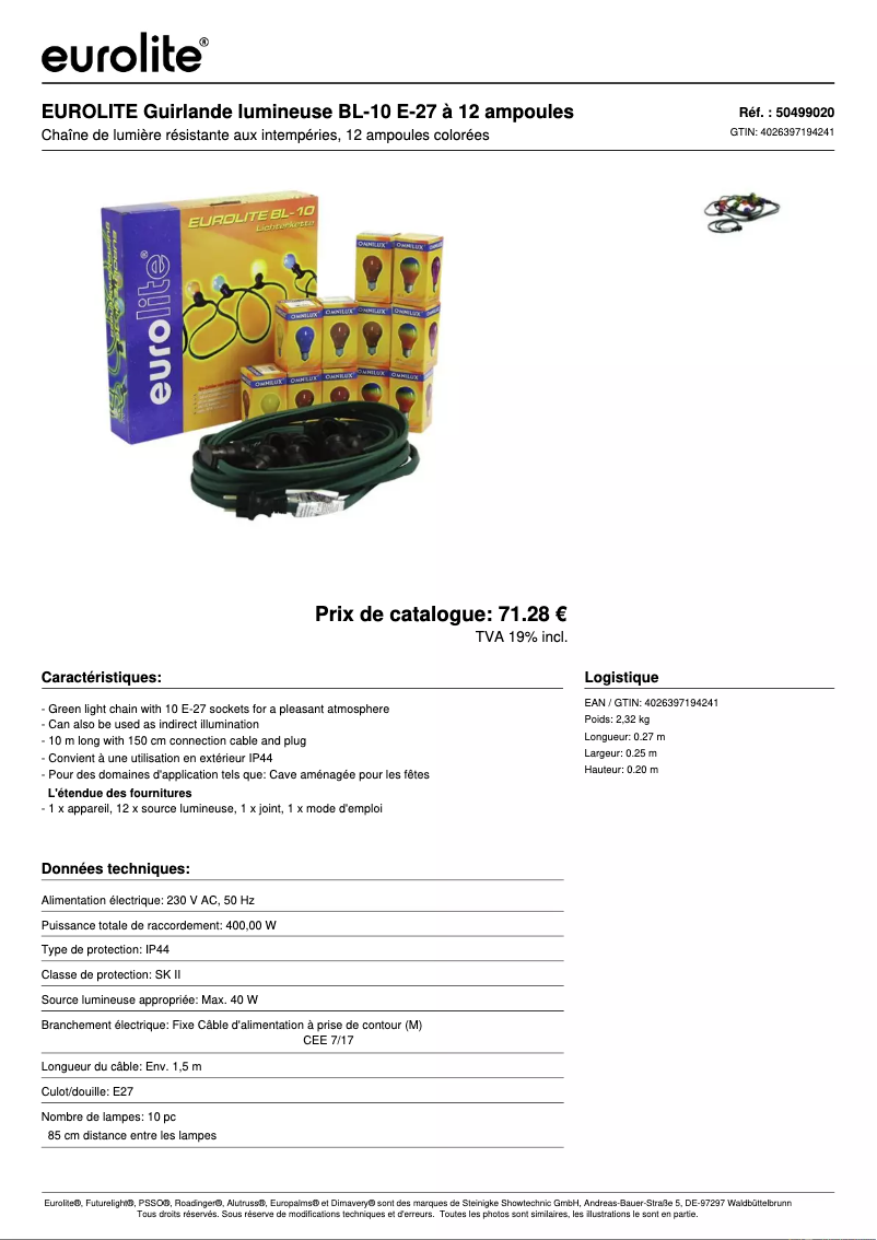 Page 1 de la notice Fiche technique Eurolite BL-10