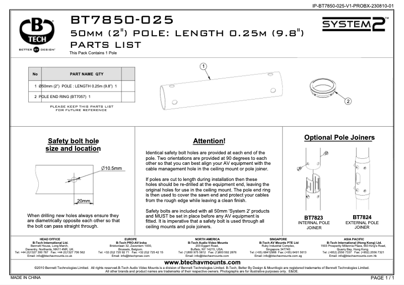 Page n°1 - Manuel utilisateur B-Tech System 2 BT7850-025