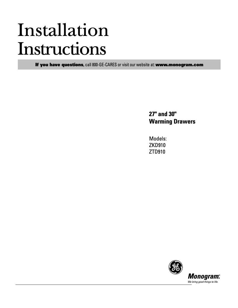 Page n°1 - Guide d'installation GE ZKD910BBBB