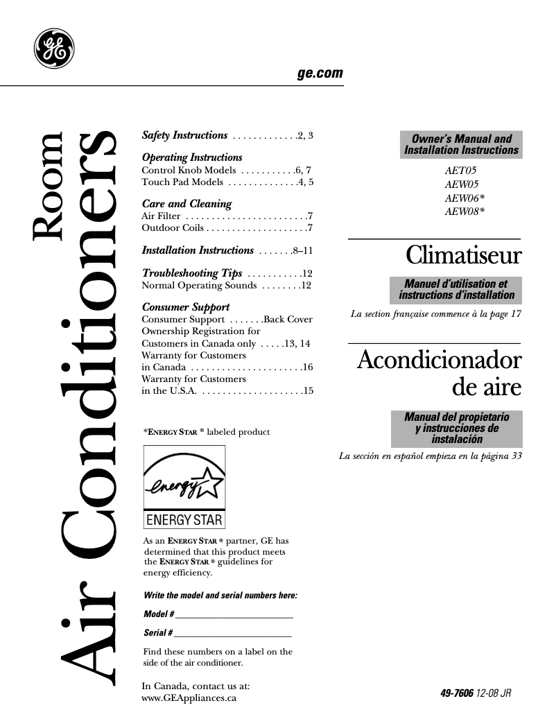 Page n°1 - Guide d'installation GE AEW06LM