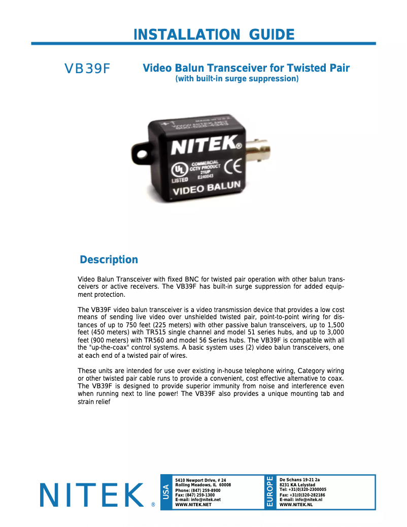 Page 1 de la notice Manuel utilisateur Nitek VB39F