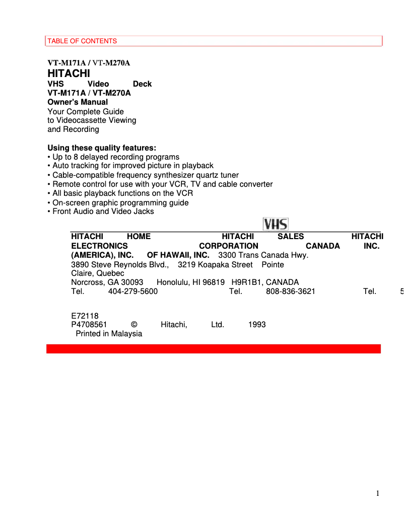 Page 1 de la notice Manuel utilisateur Hitachi VT-M171A