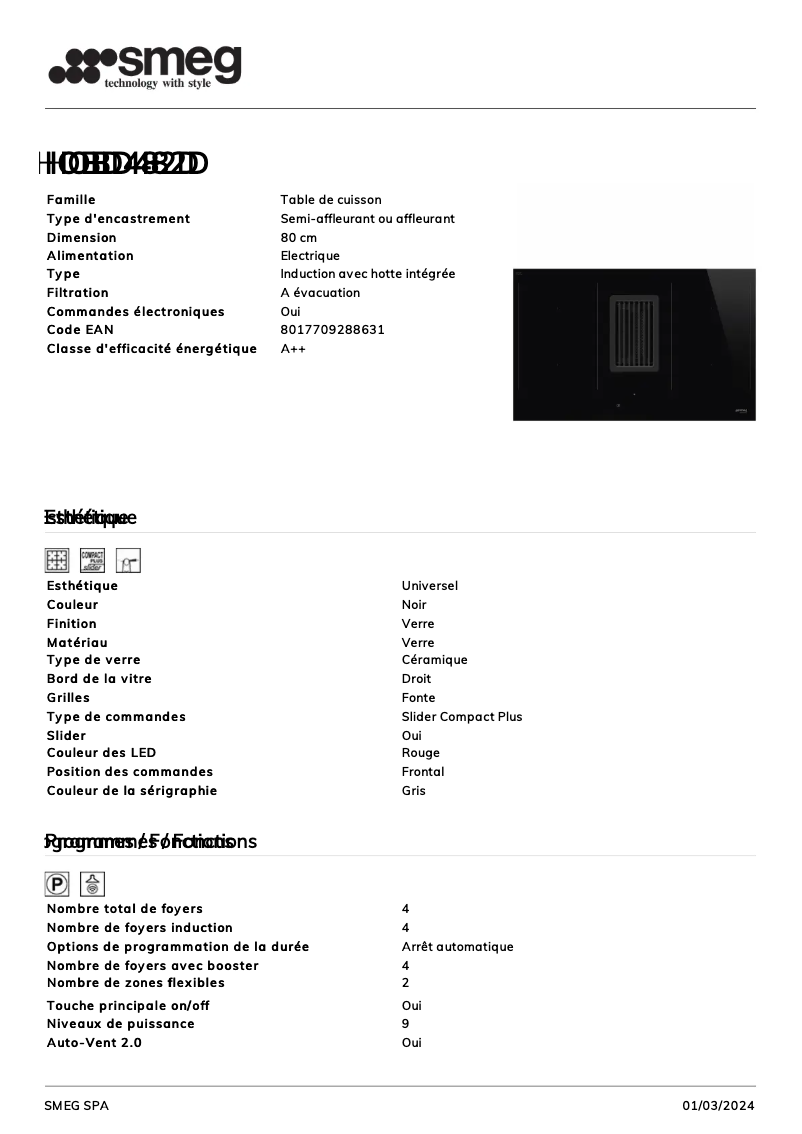 Page n°1 - Fiche technique Smeg HOBD482D