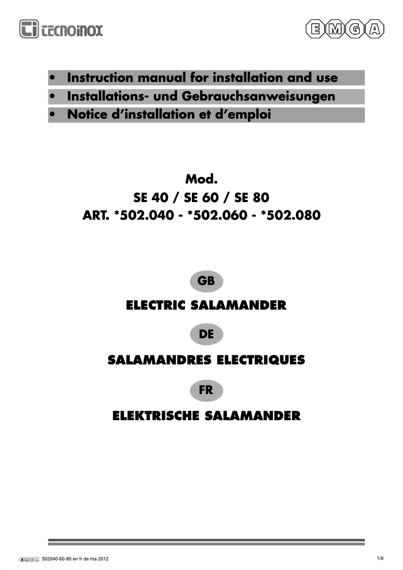 Page n°1 - Manuel utilisateur Tecnoinox SE 80