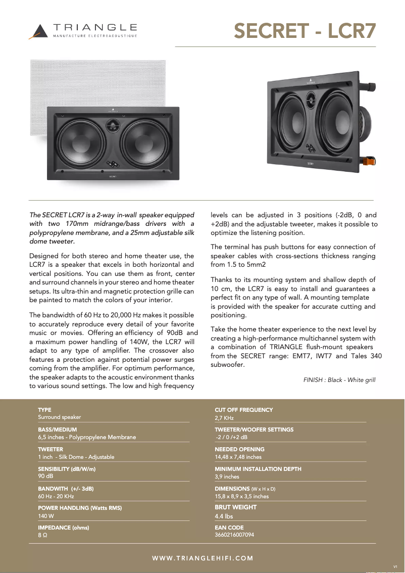 Page 1 de la notice Fiche technique Triangle Secret LCR7