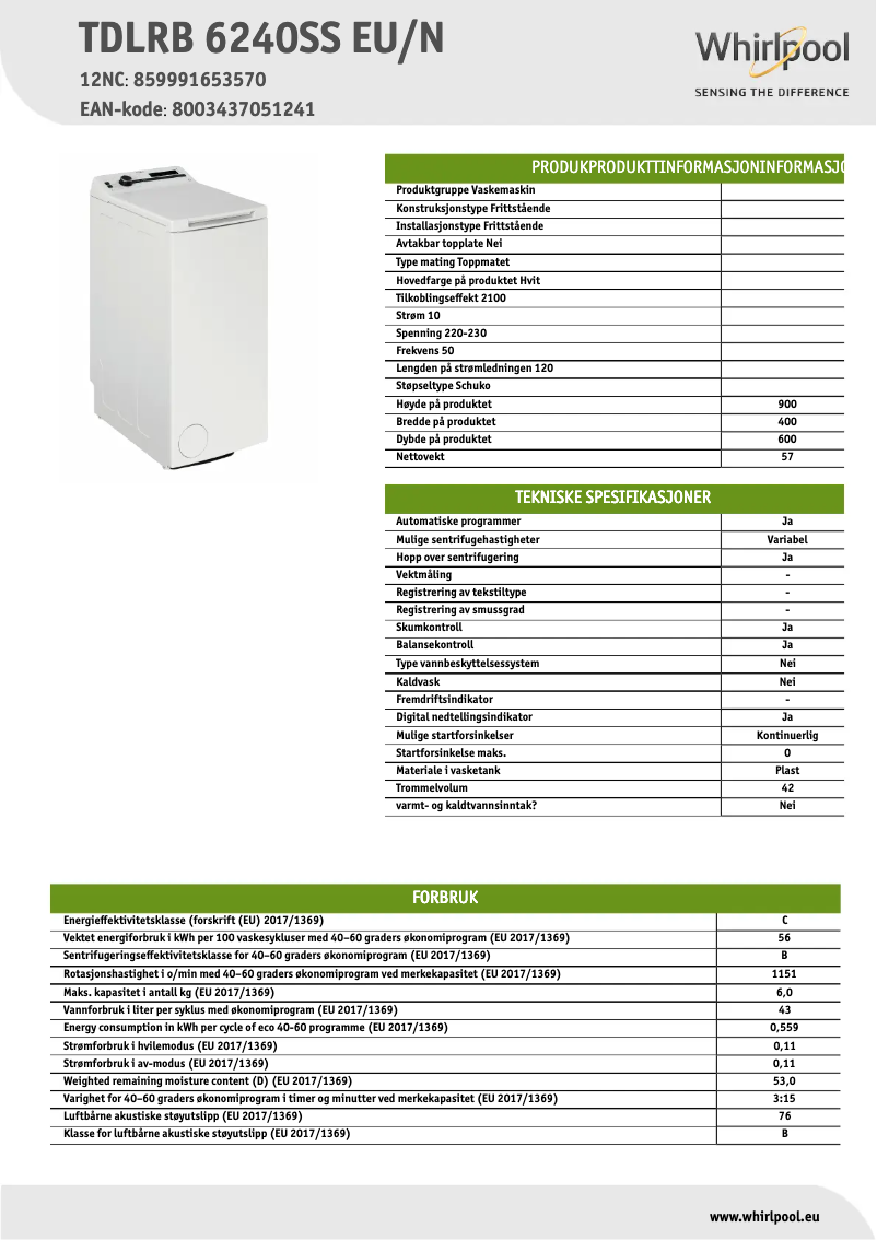 Page 1 de la notice Fiche technique Whirlpool TDLRB 6240SS