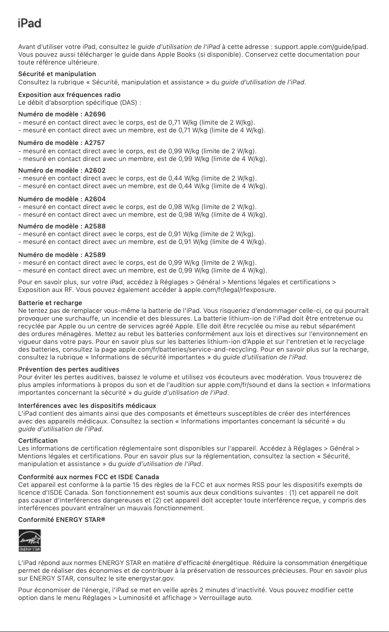 Page 1 de la notice Manuel utilisateur Apple iPad Air (2022)