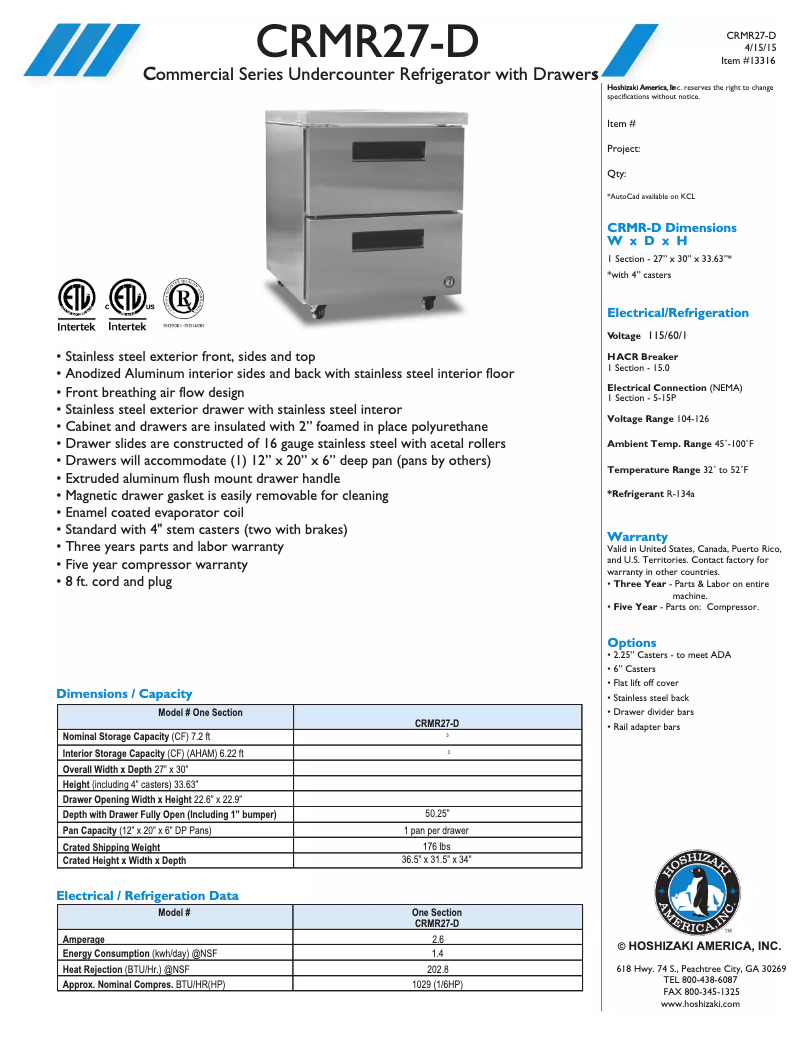 Página 1 del manual Ficha técnica Hoshizaki Commercial CRMR27-D