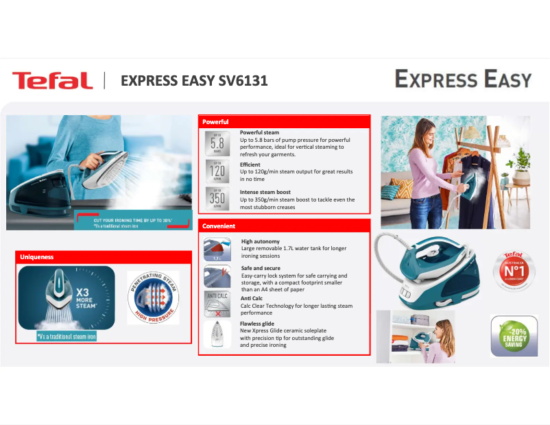 Page 1 de la notice Fiche technique Tefal Express Easy SV6131