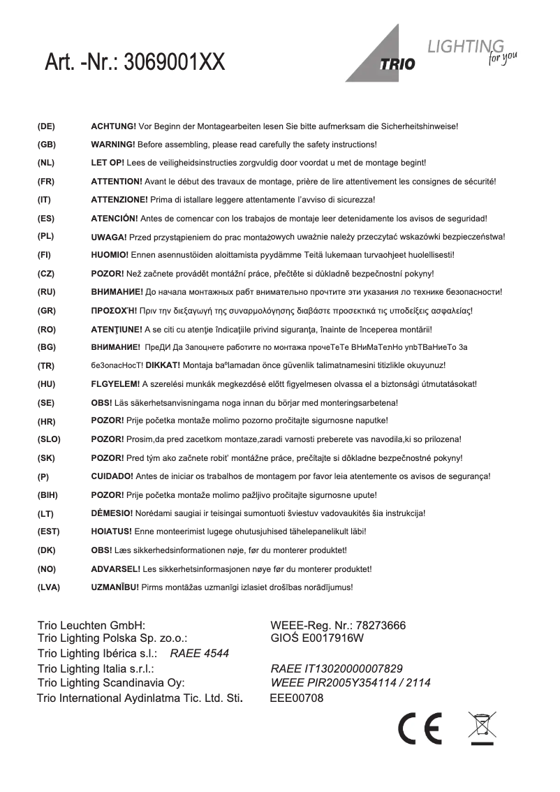 Page 1 de la notice Manuel utilisateur Trio Lighting Johann 306900161