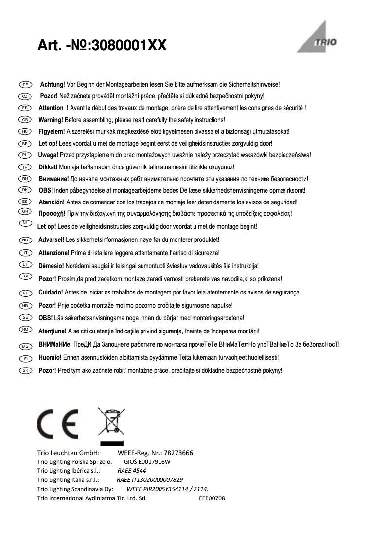 Page 1 de la notice Manuel utilisateur Trio Lighting Onero