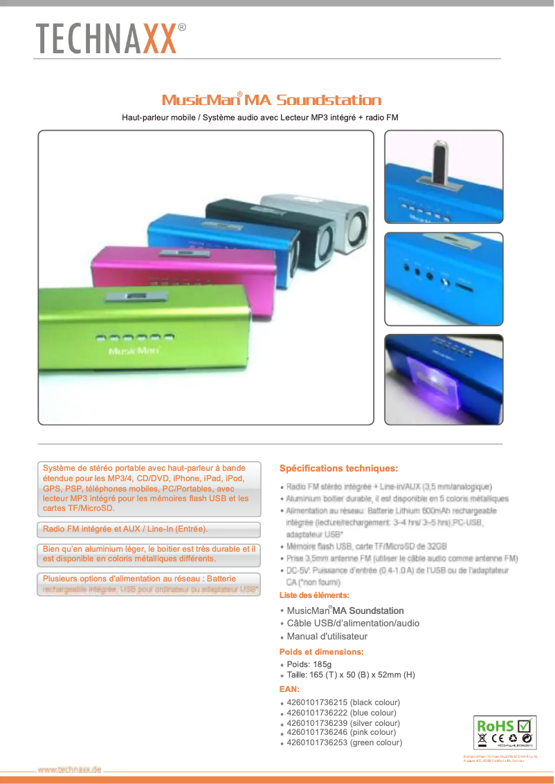 Page 1 de la notice Manuel utilisateur Technaxx MusicMan MA Soundstation